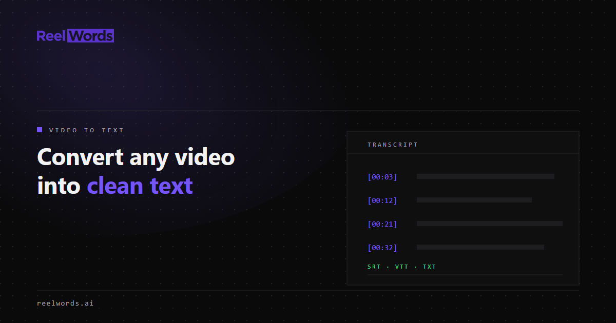 ReelWords illustration showing a video converted into a timestamped text transcript.