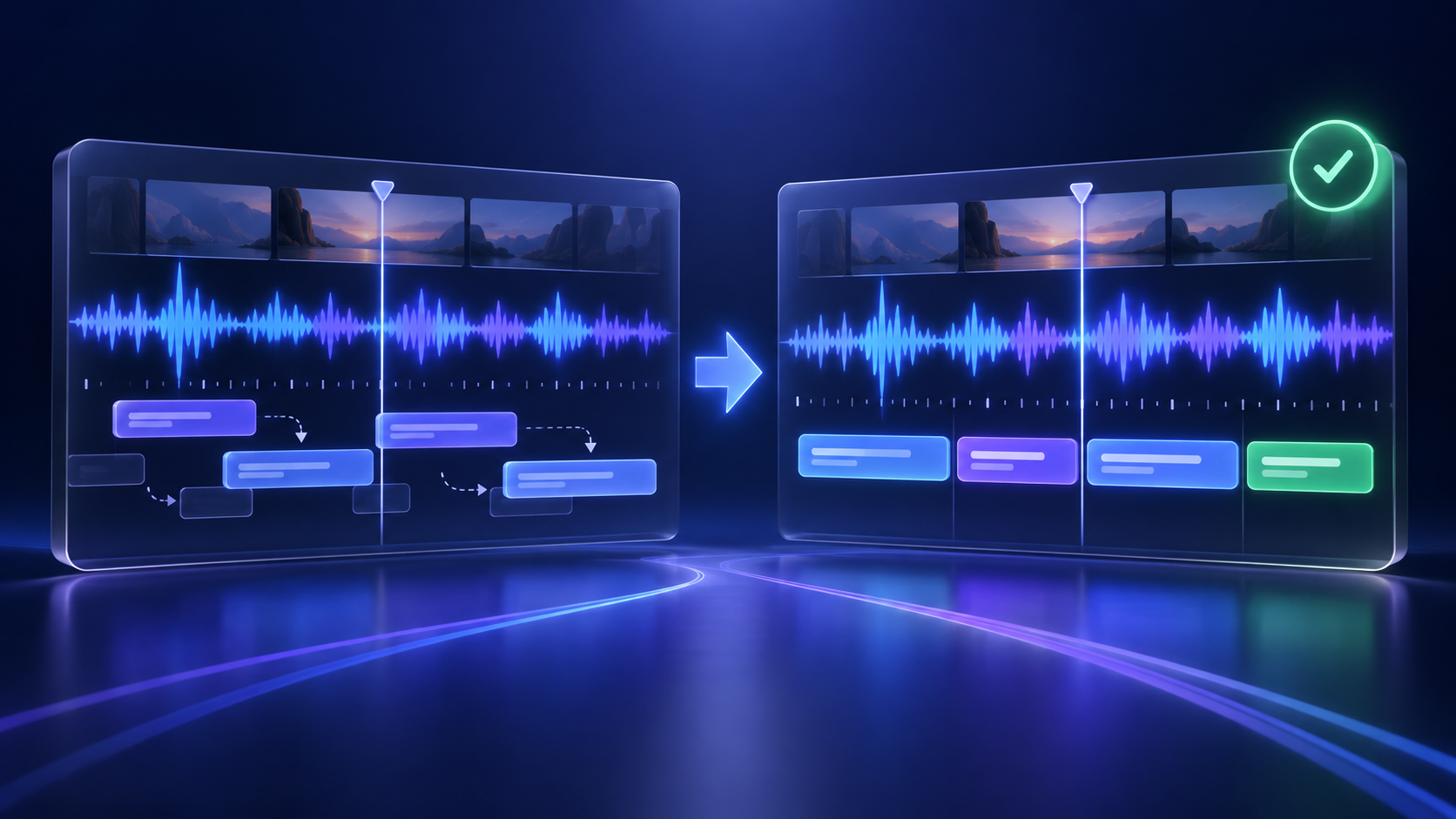 Caption blocks moving into alignment with a video audio waveform.