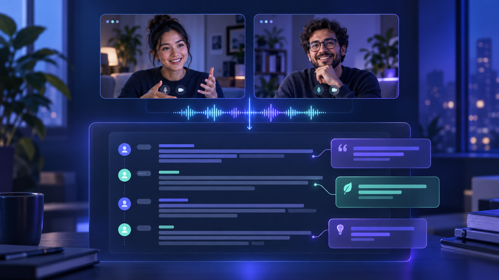 A recorded video interview becoming a structured transcript with speaker labels and timestamps.