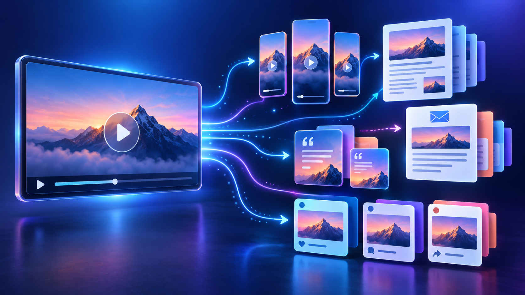One long-form video branching into clips, articles, emails, and social posts.
